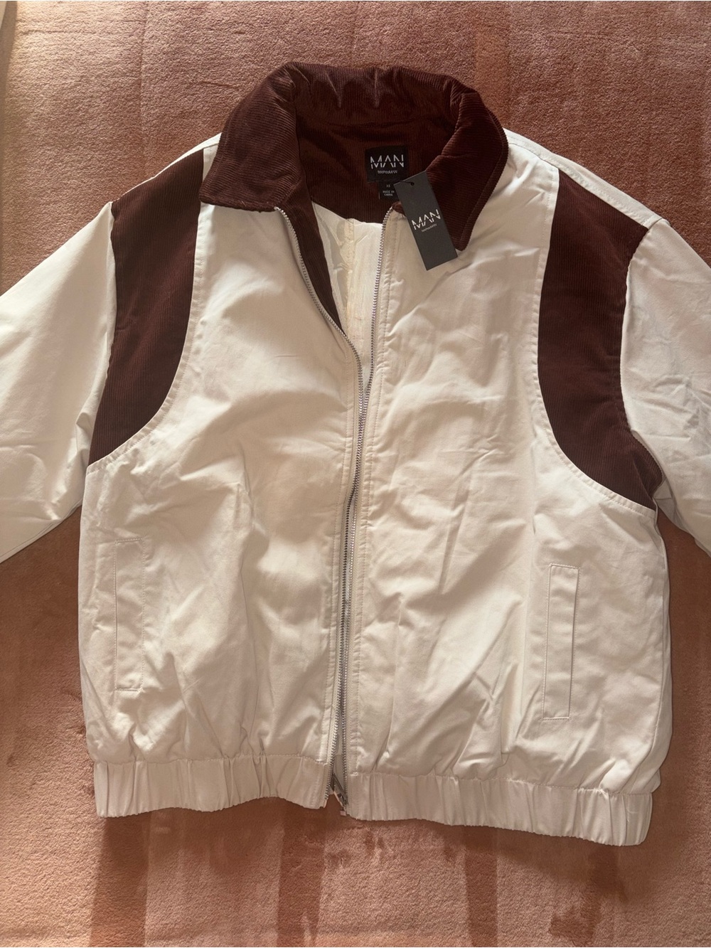 Boohoo White Bomber Jacket with Brown Corduroy Accents